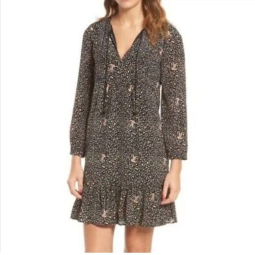 Madewell Silk Paisley Tassel Tie Ruffle Mini Dress Black G1282 Size 00